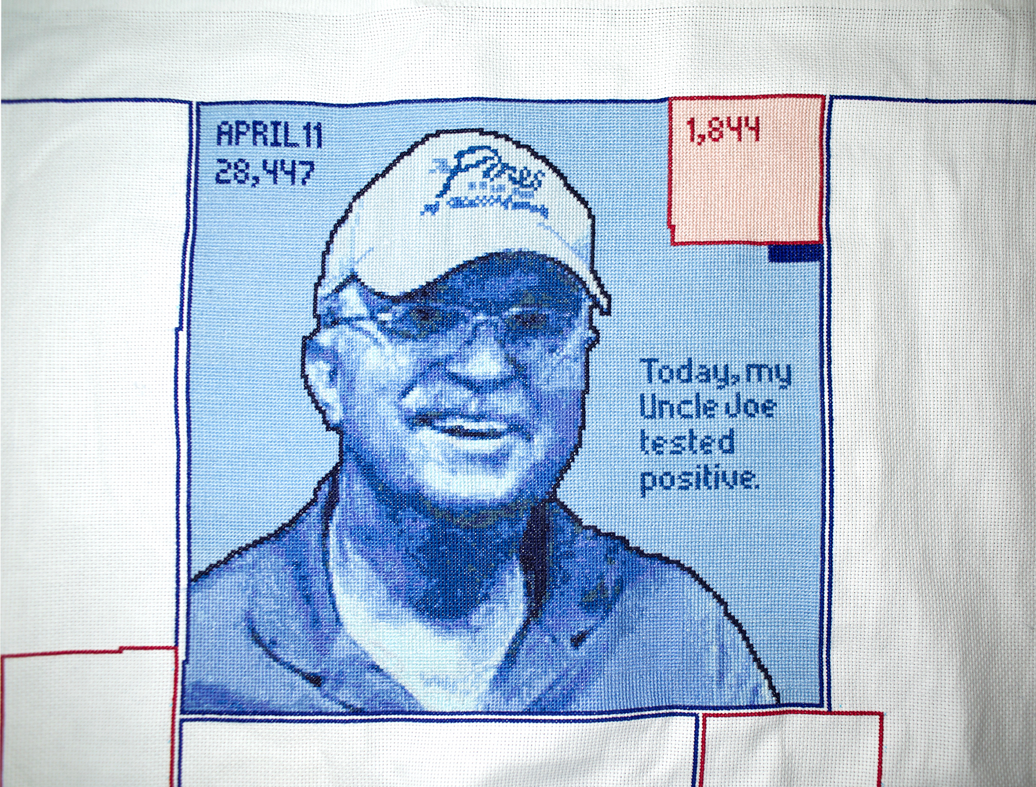 Cross-stitched design: April 11: 28,447. 1,844. Today, my Uncle Joe tested positive. Stitched image of a smiling older man wearing a cap.