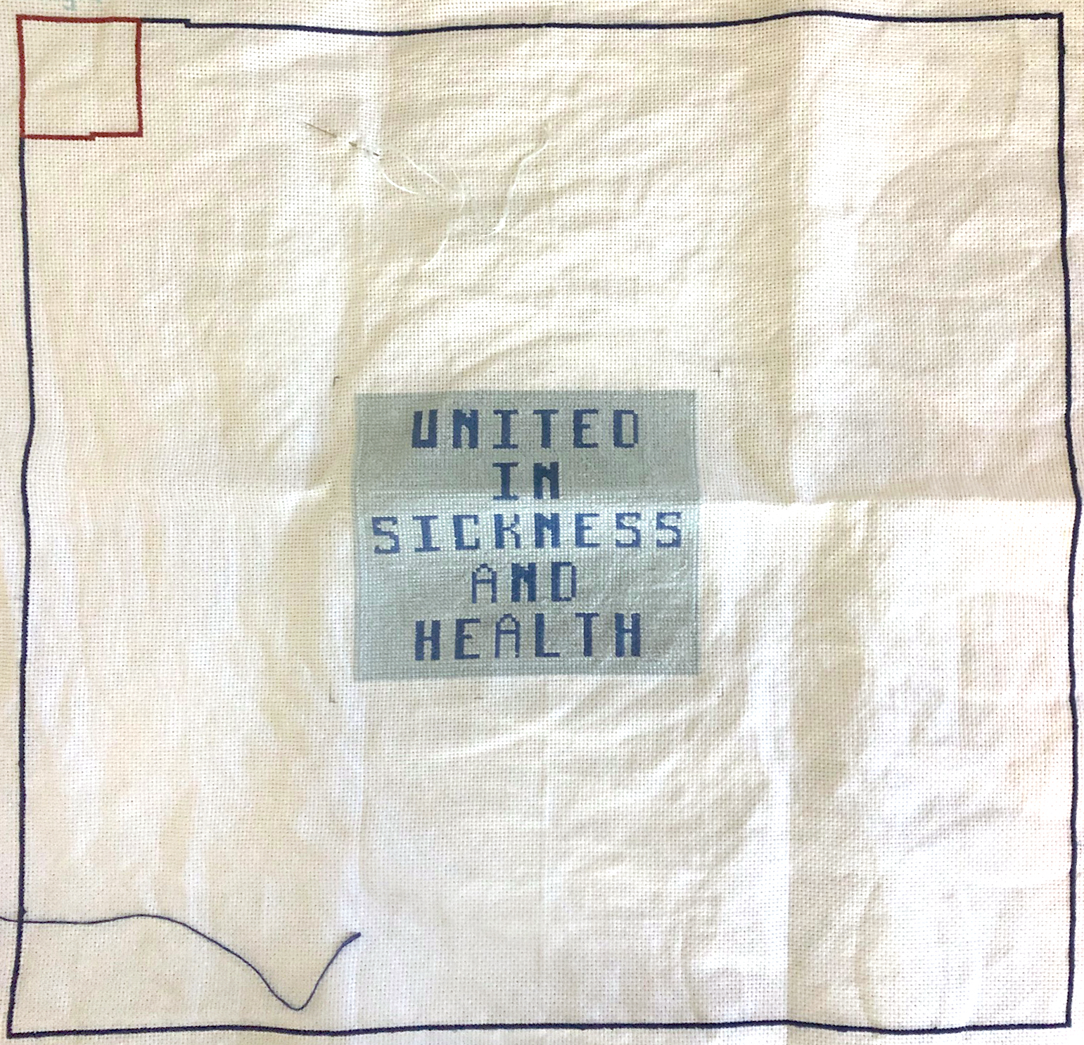 Square stitched with text: 'United in Sickness and Health'.